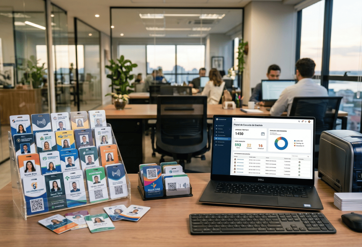 Saldo de crachás corporativos para identificação empresarial em escritório.