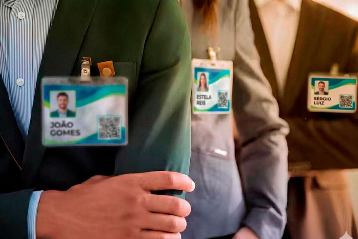 Grupo em ambiente corporativo utilizando crachá de identificação funcional