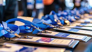 credenciais para eventos em mesa com cordões e bolsas plásticas