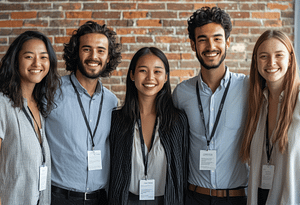 Equipe corporativa sorrindo usando crachás com cordão e porta-crachá em ambiente profissional