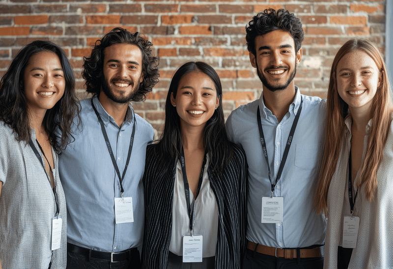 Equipe corporativa sorrindo usando crachás com cordão e porta-crachá em ambiente profissional