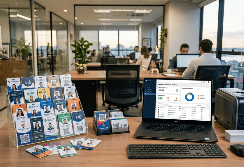 Saldo de crachás corporativos para identificação empresarial em escritório.