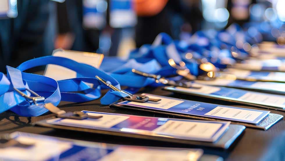 credenciais para eventos em mesa com cordões e bolsas plásticas